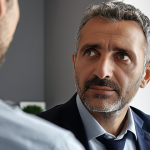 **

A leader, face filled with empathy, actively listening to a team member in a modern Italian office. Soft, natural lighting. Focus on the genuine connection and understanding between them. The background subtly shows a values statement on the wall: "Integrità, Rispetto, Fiducia."

**