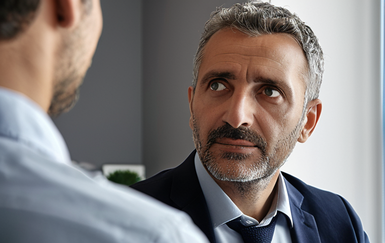 **
A leader, face filled with empathy, actively listening to a team member in a modern Italian office. Soft, natural lighting. Focus on the genuine connection and understanding between them. The background subtly shows a values statement on the wall: "Integrità, Rispetto, Fiducia."
**