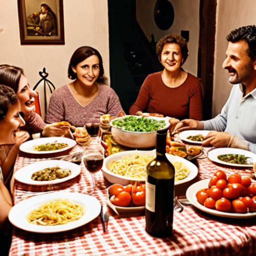 **Family Dinner Scene:** A warm, inviting image of an Italian family gathered around a table on a Sunday evening. The table is laden with traditional dishes like pasta and vegetables, wine glasses are filled, and everyone is engaged in lively conversation. The setting is a cozy, rustic Italian home. This image should evoke feelings of togetherness, tradition, and the importance of family bonds.