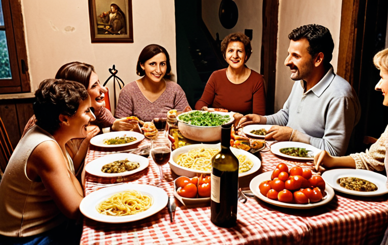 **Family Dinner Scene:** A warm, inviting image of an Italian family gathered around a table on a Sunday evening. The table is laden with traditional dishes like pasta and vegetables, wine glasses are filled, and everyone is engaged in lively conversation. The setting is a cozy, rustic Italian home. This image should evoke feelings of togetherness, tradition, and the importance of family bonds.