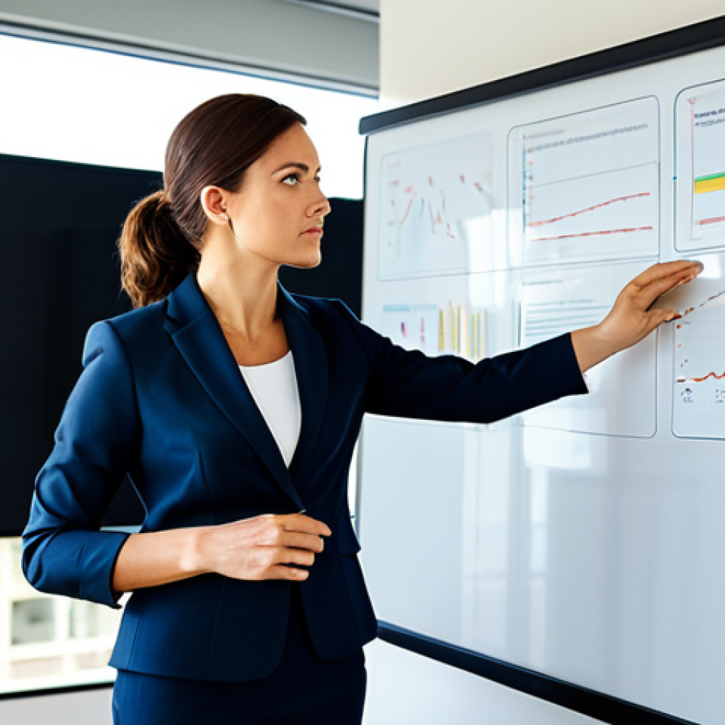 A professional, focused businesswoman, mid-30s, dressed in a modest and tailored dark business suit, standing confidently in a modern, well-lit office space. She is looking intently at a large, interactive digital whiteboard displaying a complex project with clearly categorized priorities (e.g., 'Must Have', 'Should Have', 'Could Have'). Her right hand gestures decisively towards a highlighted section, indicating a strategic choice. The office environment is clean, minimalist, with natural light streaming through large windows, and features subtle Italian design elements. The atmosphere is one of clarity and purpose. Professional photography, high-resolution, sharp focus, vibrant colors, safe for work, appropriate content, fully clothed, professional dress, perfect anatomy, correct proportions, natural pose, well-formed hands, proper finger count, natural body proportions, modest clothing, appropriate attire.
