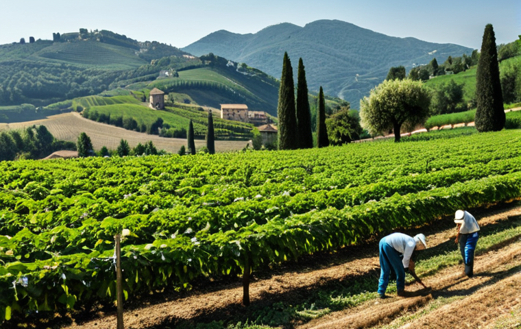 Sustainable Farming in Italy**
A sunny, vibrant image of a Ferrero hazelnut farm in the Italian countryside. Farmers are working in a sustainable manner, tending to the trees. Rolling hills and traditional Italian architecture are visible in the background. Emphasis on environmental responsibility and ethical sourcing. fully clothed, appropriate attire, professional, safe for work, perfect anatomy, correct proportions, natural pose, well-formed hands, proper finger count, natural body proportions.
**