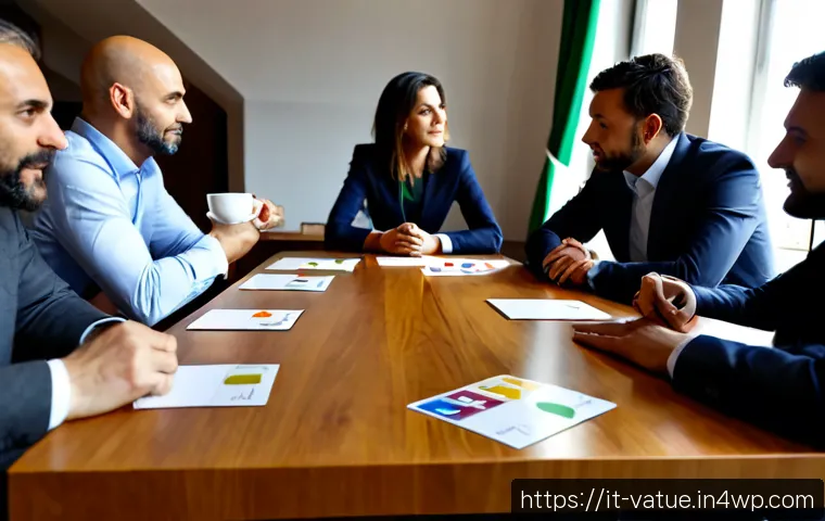 가치 기반 우선순위화와 이해관계자 협상 - Photorealistic Italian business meeting in a sunlit Milan office, diverse professionals around a cle...